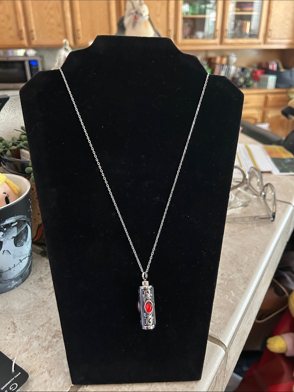 Silver Pendant Necklace with Red Cabochon